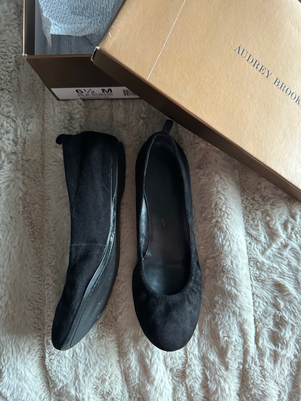Audrey Brooke Black Suede Ballet Flats with Pull Tab